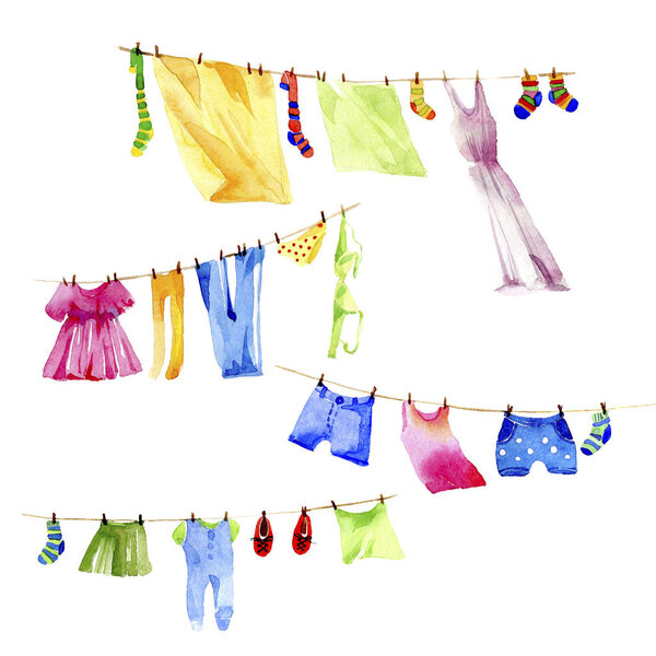 Одежду стирают на верёвке. Иллюстрация цвета воды
 