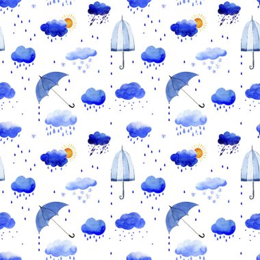 Sulu Boya Dikişsiz desen yağmur bulutları ve şemsiye