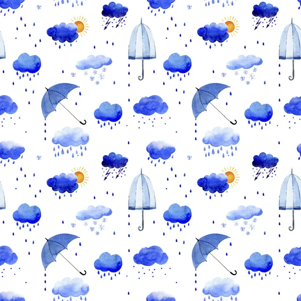 Бесшовный акварельный рисунок дождевых облаков и зонтов — стоковое фото