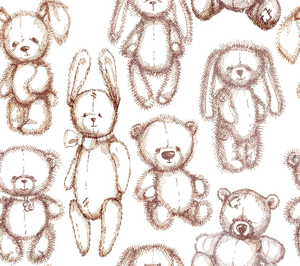 手绘油墨泰迪熊和兔子无缝图案 手绘草图 白色背景分离 — 图库照片
