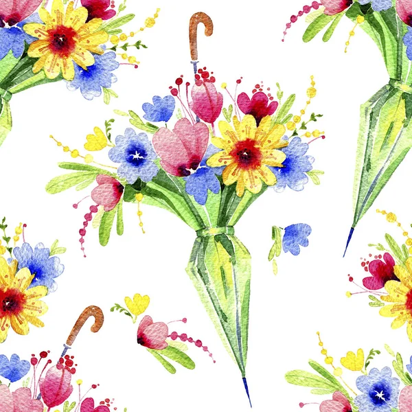 Flores de colores que sobresalen del paraguas cerrado. Patrón sin costuras. Ilustración en acuarela . — Foto de Stock