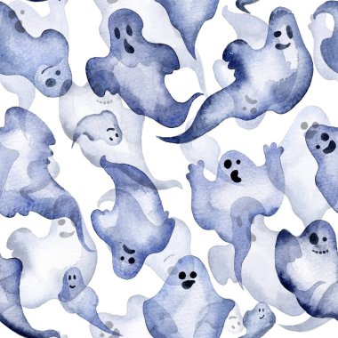 Cadılar Bayramı hayaletler farklı yüzleri ile Seamless suluboya modeli.