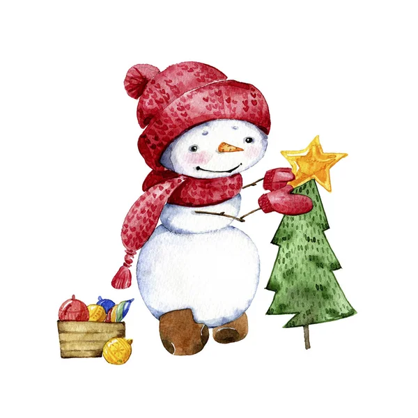 Isolated Illustration Snowman Watercolor Snowman Hat Scarf Snowman Dresses Christmas — Stock Photo, Image