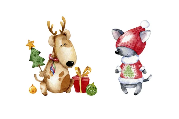 Bonito Desenho Animado Ilustração Cachorro Ilustração Aquarela Para Natal Ano — Fotografia de Stock