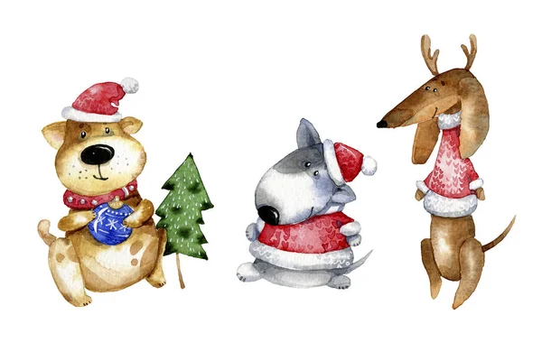 Bonito Desenho Animado Ilustração Cachorro Ilustração Aquarela Para Natal Ano — Fotografia de Stock