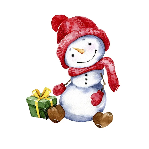 Акварельна Мультяшна Ілюстрація Щасливий Сніговик Різдвяним Подарунком — стокове фото