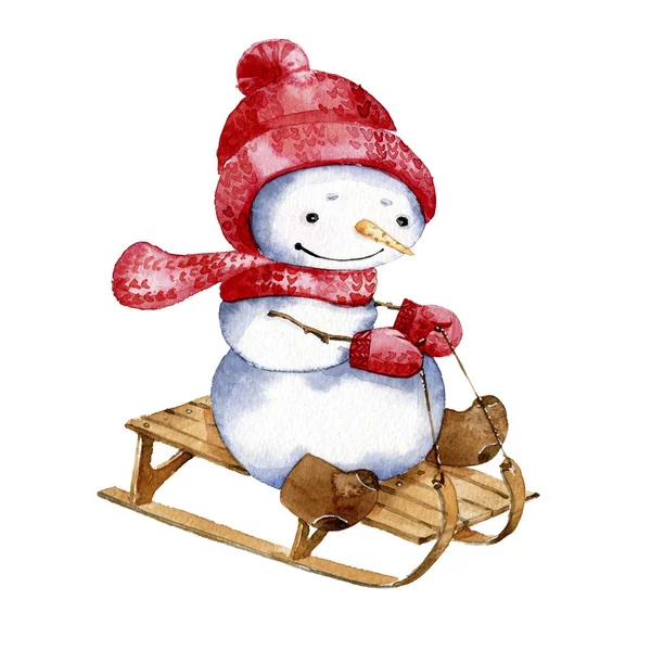 Watercolor Cartoon Illustration Snowman Riding Sled Christmas Card — Stock Photo, Image