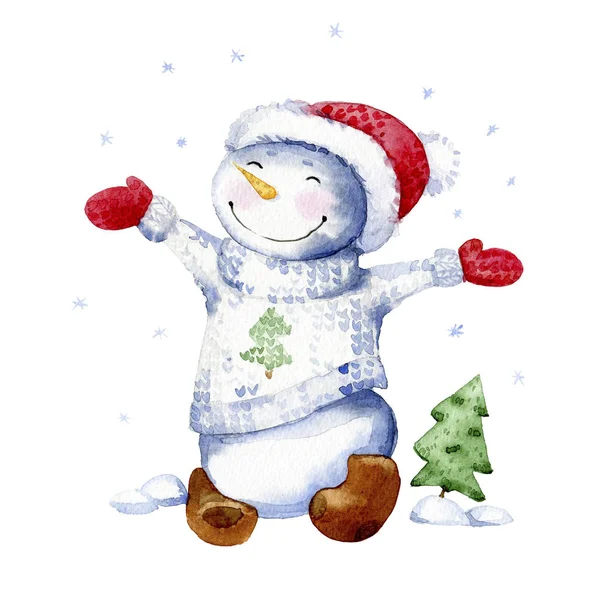 Watercolor Cartoon Illustration Happy Snowman Rejoices First Snow — Stock Photo, Image