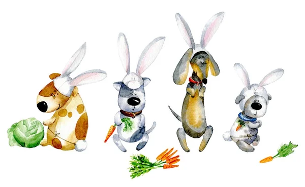 Akwarela Ilustracja Zestaw Kreskówka Psów Bunny Stroje — Zdjęcie stockowe