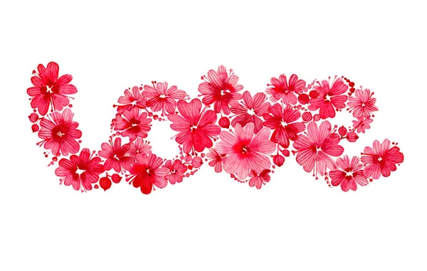 Valentines Day Card Floral Inscription Word Love Collected Flowers Berries — Stock Photo, Image