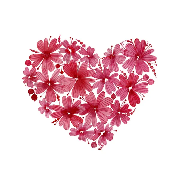 心の花の形をしたバレンタインの日カード 白い背景の上分離された花や果実 水彩画 塗装から収集心 — ストック写真