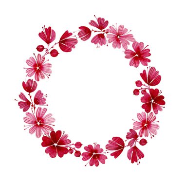 Suluboya çiçek çelenk. Sevgililer günü kartı için yuvarlak çerçeve romantik alıntı kartpostal tebrik kartı, pembe çiçekler.