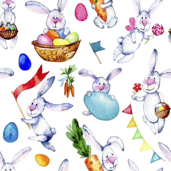 Seamless easter bunnies pattern. Watercolor illustration on white background.  Pattern with cartoon bannies, eggs, carrots, candy and  flag, hand drawing.