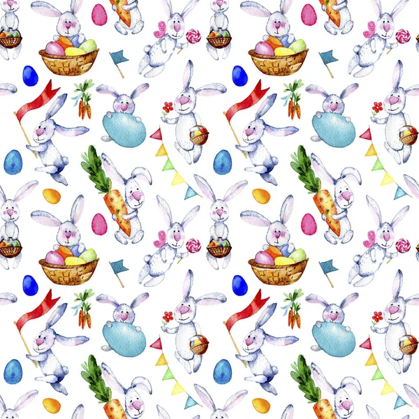 Seamless easter bunnies pattern. Watercolor illustration on white background.  Pattern with cartoon bannies, eggs, carrots, candy and  flag, hand drawing.