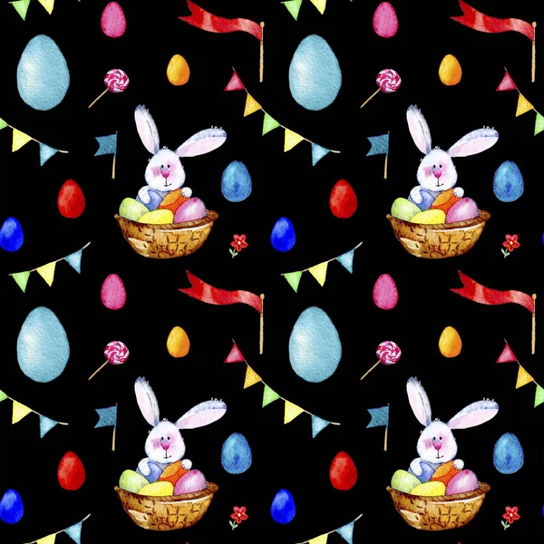 Wzór Wielkanocny Akwarela Ilustracja Czarnym Tle Wzór Bannies Kreskówki Jaja — Zdjęcie stockowe