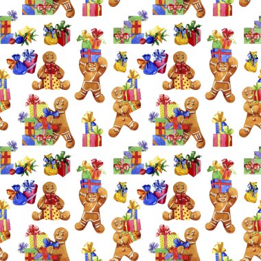 Suluboya kusursuz desen. Beyaz arkaplanda Noel hediyeleri olan zencefilli kurabiye adamlar.
