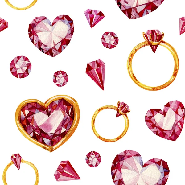 Romantyczny Wzór Akwarela Walentynki Ręcznie Rysowane Rubinowe Serca Diamenty Pierścienie — Zdjęcie stockowe