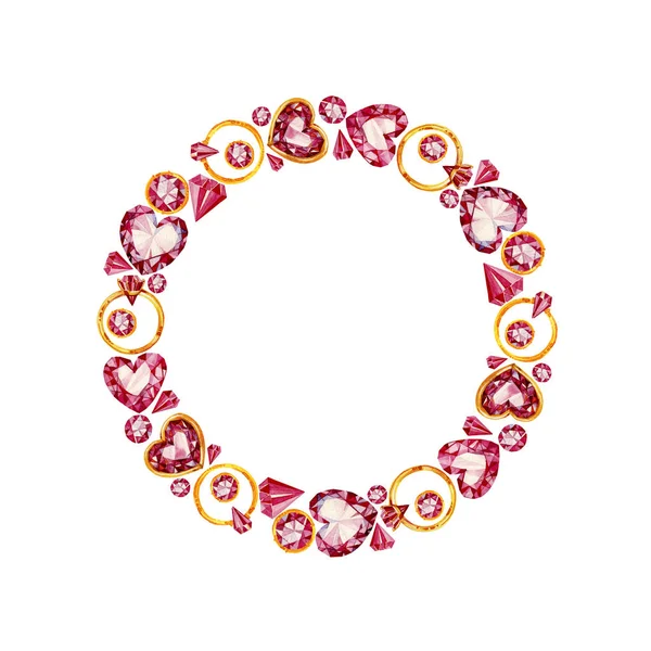 Aquarel Romantisch Frame Voor Valentijnsdag Handgetekende Robijn Harten Diamanten Ringen — Stockfoto