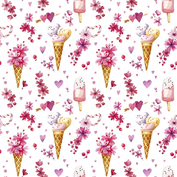 Watercolor Seamless Pattern Valentine Day Sweets Ice Cream Flowers Hearts — 스톡 사진