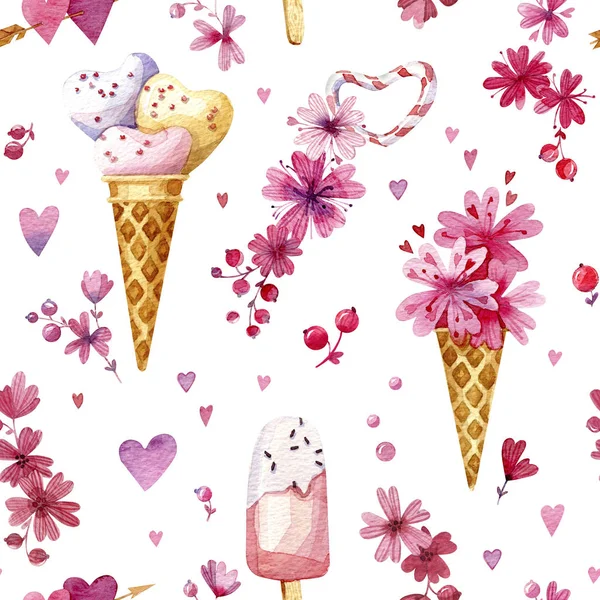 Watercolor Seamless Pattern Valentine Day Sweets Ice Cream Flowers Hearts — Stock Photo, Image