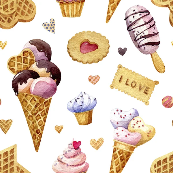 情人节水彩画天衣无缝 白底糖果 华夫饼 冰淇淋和蛋糕 — 图库照片