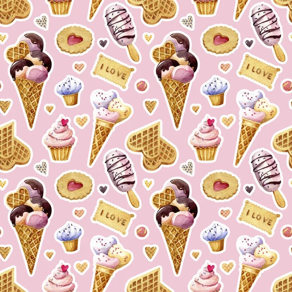 情人节水彩画天衣无缝 华夫饼 冰淇淋和粉色背景的蛋糕 — 图库照片