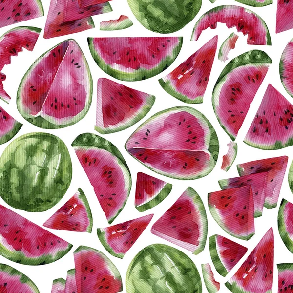 Aquarell Nahtloses Muster Scheiben Bits Und Samen Von Wassermelone Auf — Stockfoto