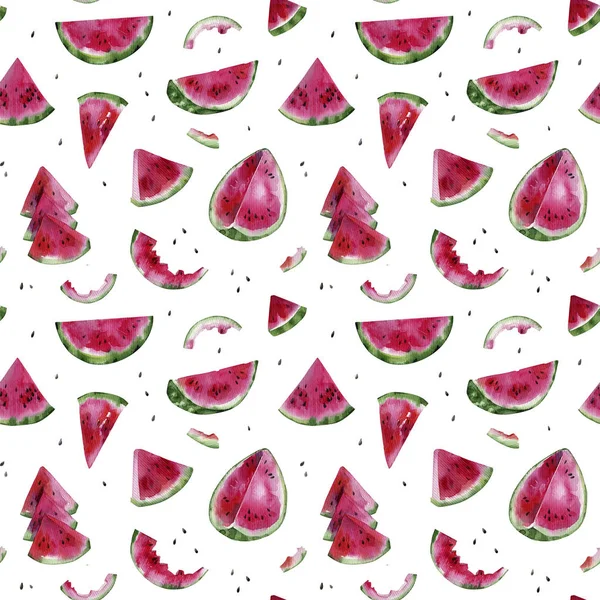 Aquarell Nahtloses Muster Wassermelonenscheiben Auf Weißem Hintergrund — Stockfoto