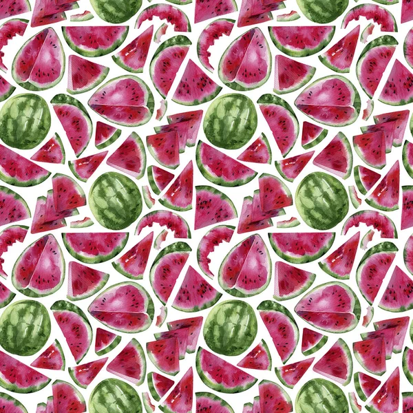 Aquarell Nahtloses Muster Scheiben Bits Und Samen Von Wassermelone Auf — Stockfoto