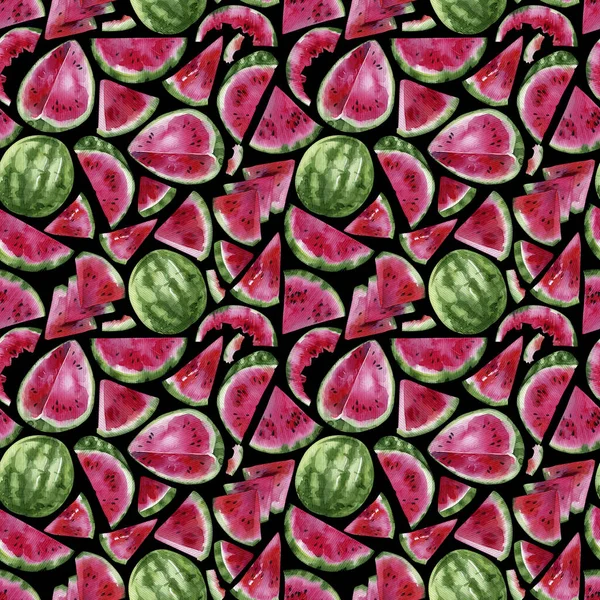 Watercolor Seamless Pattern Slices Bits Seeds Watermelon Black Background — Stock Photo, Image