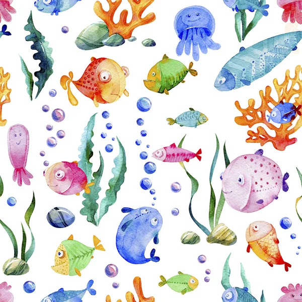 Бесшовный Акварельный Рисунок Карикатурные Рыбы Медузы Различные Морские Растения Океанические — стоковое фото
