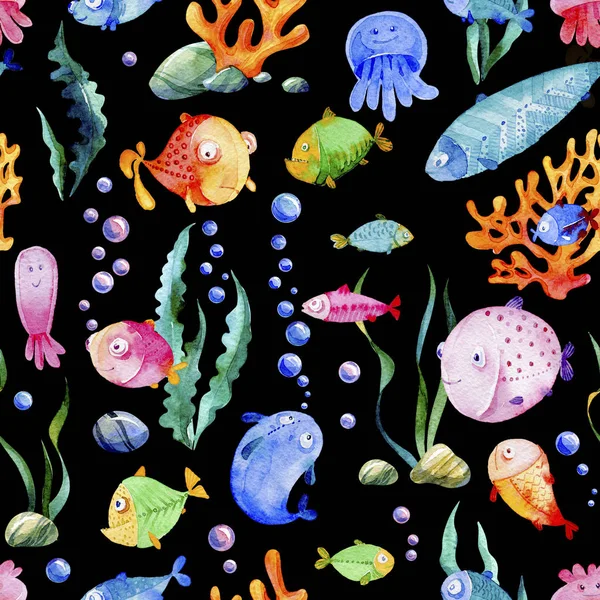 Seamless watercolor pattern. Cartoon fish, jellyfish and different marine plants.  Oceanic life background.