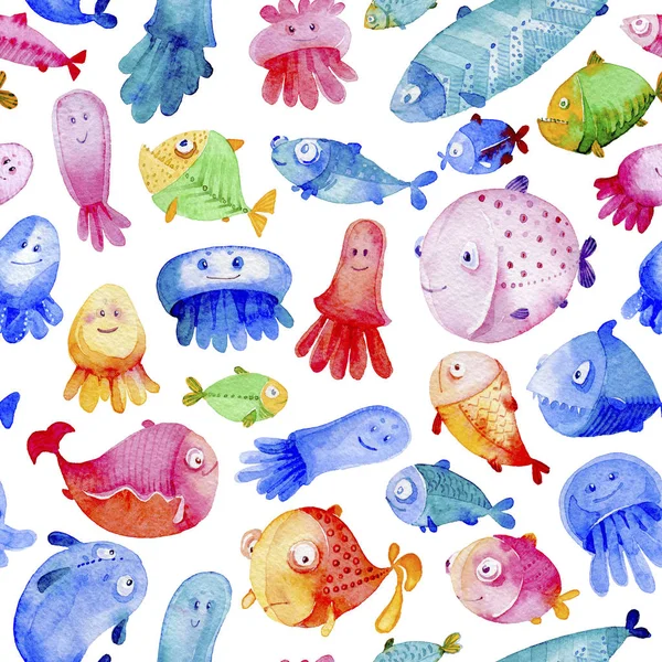 Бесшовный Акварельный Рисунок Мультфильм Рыбы Медузы Белом Фоне Океаническая Жизнь — стоковое фото