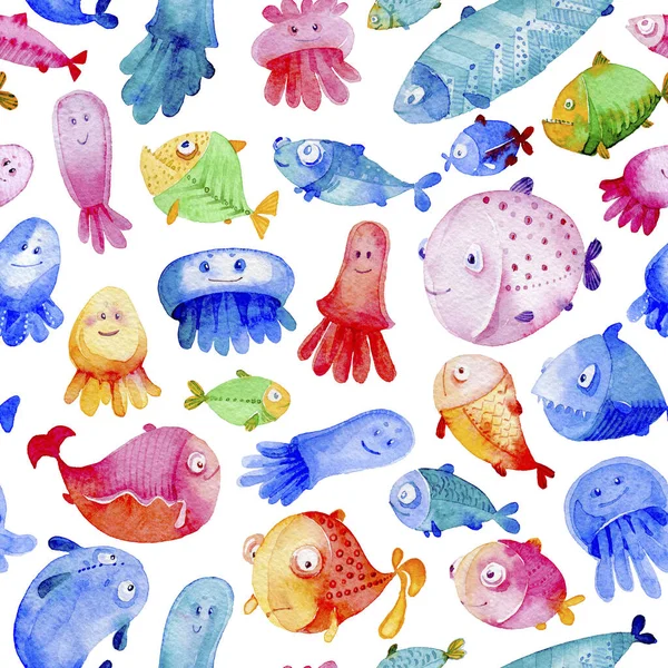 Seamless watercolor pattern. Cartoon fish and jellyfish on white background. Oceanic life.