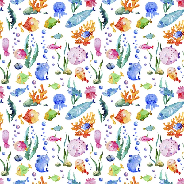 Varrat Nélküli Akvarell Minta Rajzfilm Hal Medúza Különböző Tengeri Növények — Stock Fotó