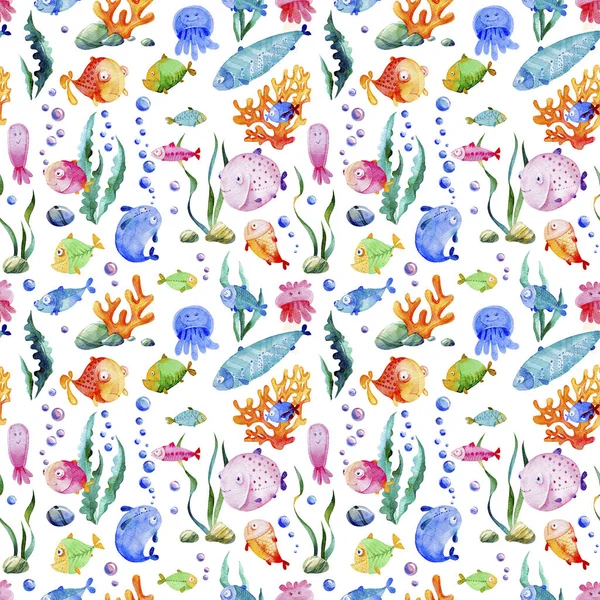 Seamless watercolor pattern. Cartoon fish, jellyfish and different marine plants.  Oceanic life background.