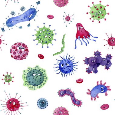 Çizgi film komik virüsleri ve farklı karakterli bakteriler. Beyaz bir arkaplanda el çizimi suluboya deseni.