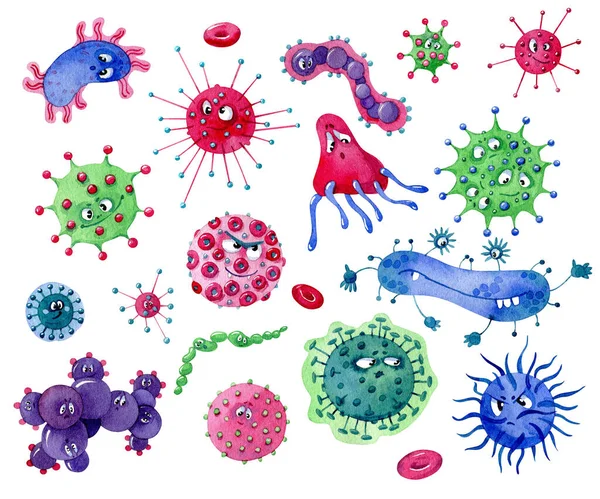 Cartoon Funny Viruses Bacteria Different Characters Hand Drawn Watercolor Set — Stock Photo, Image