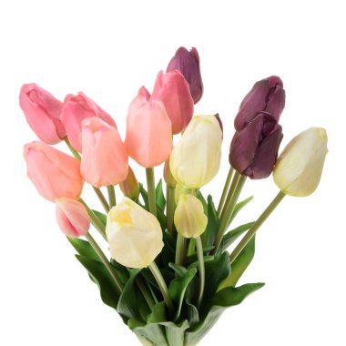 Beyaz arkaplanda izole edilmiş yapay laleler  