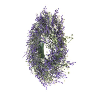 Beyaz arkaplanda izole edilmiş yapay bitkilerden yapılan renk çelengi  