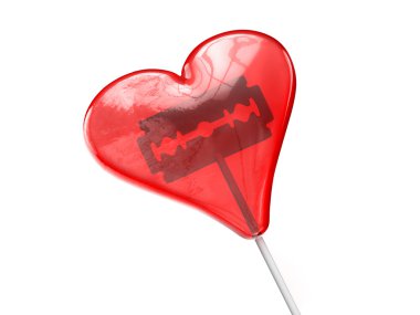 Kırmızı kalp şeklinde lolipop içinde tıraş bıçağı ile