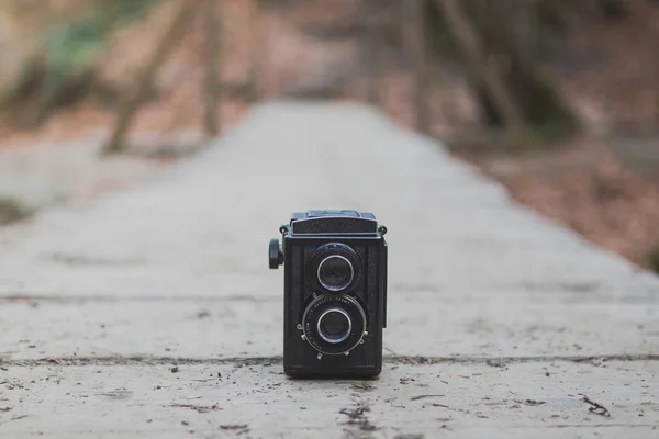 Eski moda fotoğraf kamera sonbahar orman içinde ahşap yolda