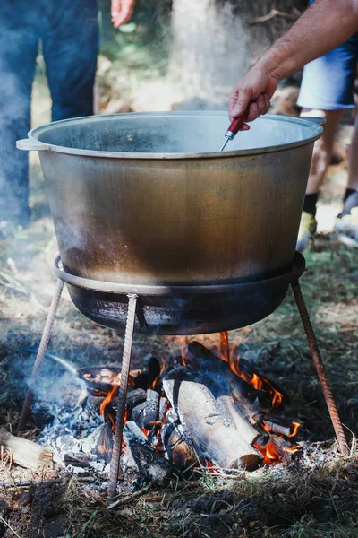 Açık paslanmaz çelik bir kase içinde yanan bir ateş üzerinde pişirme