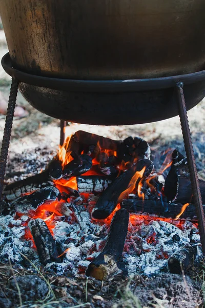 Outdoor cooking in a bowl of stainless steel over a burning fire