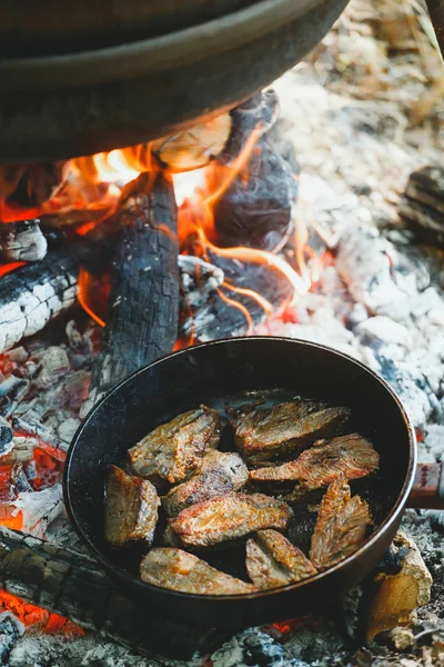 Kochen im Freien in einer Schüssel aus Edelstahl über einem brennenden Feuer — Stockfoto