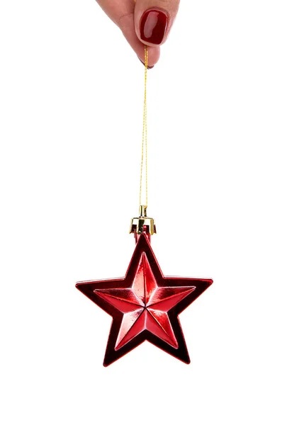 Rotes Weihnachtsbaumdekor in Form eines Sterns mit Funkeln — Stockfoto