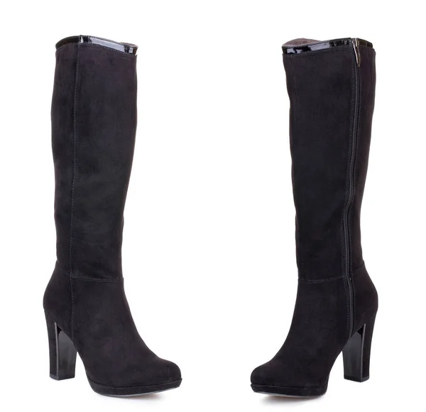 Klasické černé semišové vysoké kožené podpatky na kotnících samičí boty. Dva izolované — Stock fotografie
