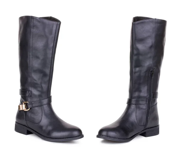 Classic black glossy leather high knee flat heels female boots. Two isolated — Stock Photo, Image