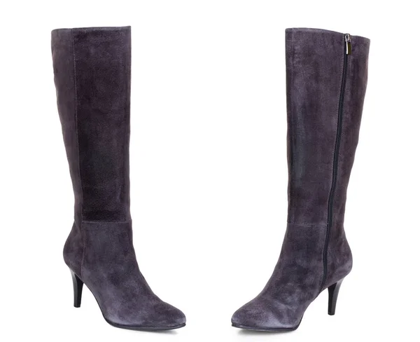 Klasické šedohnědé semišové kožené vysoké podpatky na kotnících samičí boty. Dva izolované — Stock fotografie