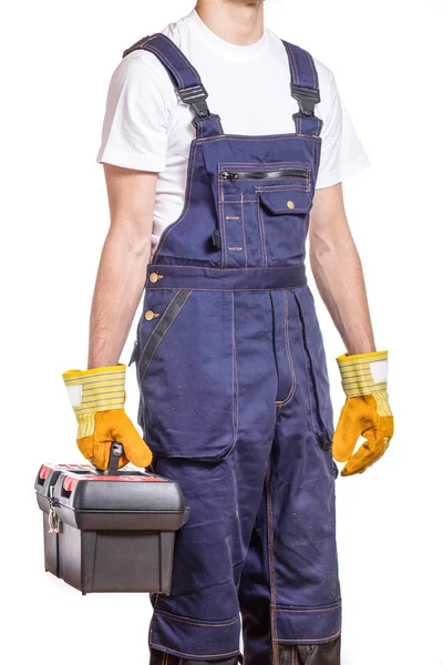 Arbetare i overaller med verktyget fall — Stockfoto